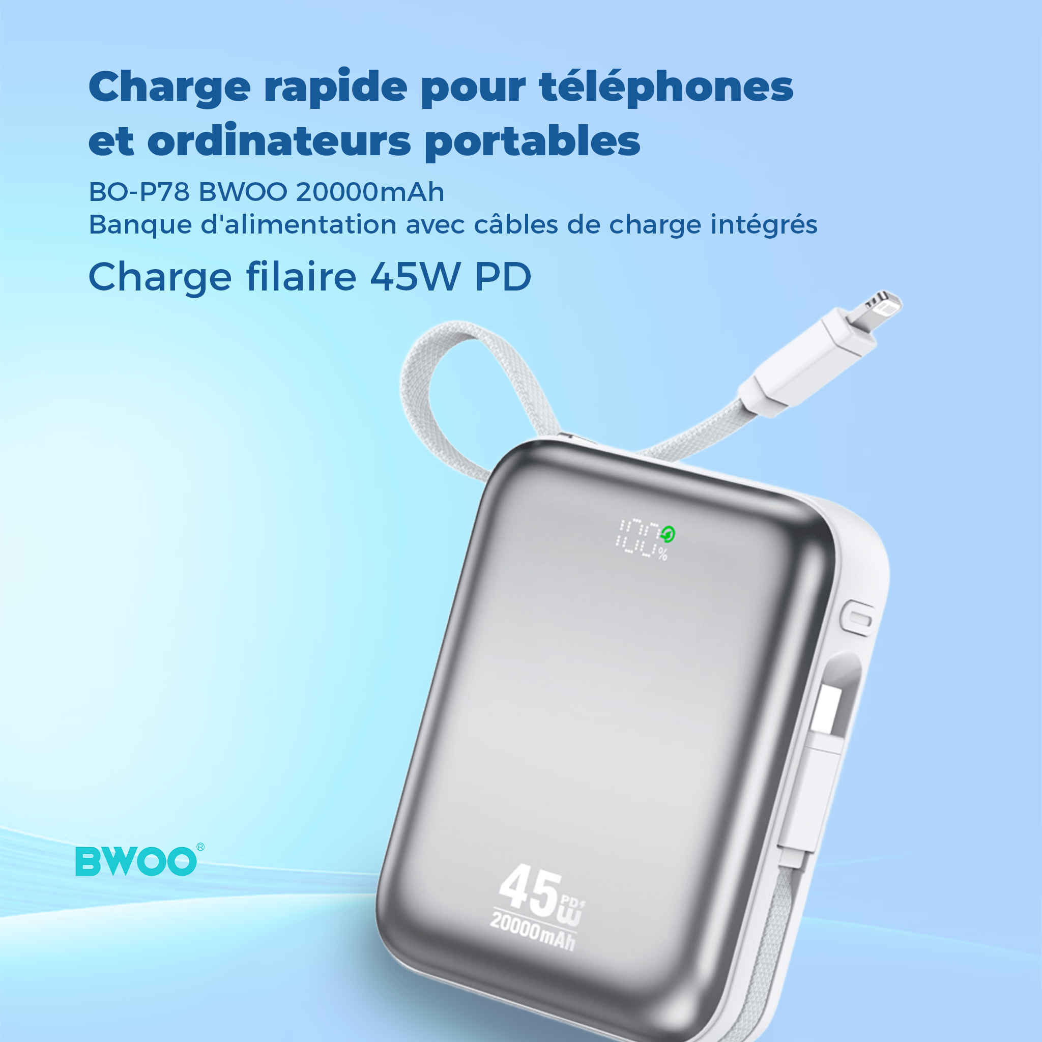 BO-P78 BWOO 20000mAh PD45W Banque d'alimentation avec câbles de charge intégrés
