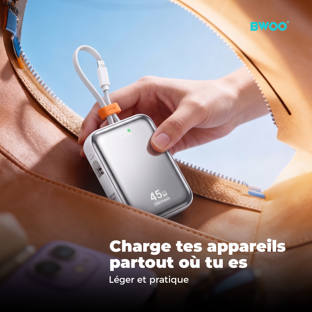 BO-P78 BWOO 20000mAh PD45W Banque d'alimentation avec câbles de charge intégrés