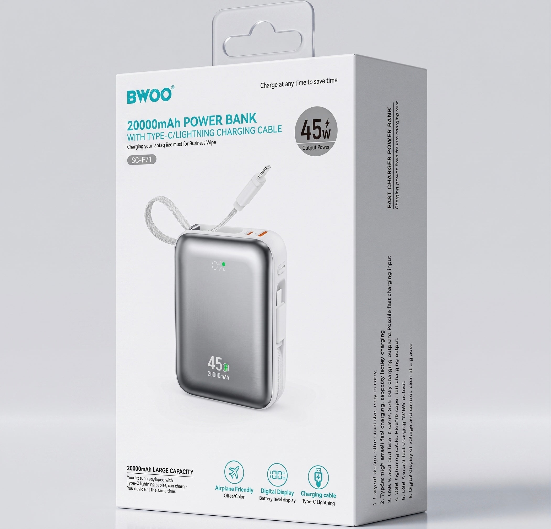 BO-P78 BWOO 20000mAh PD45W Banque d'alimentation avec câbles de charge intégrés