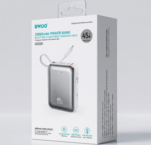 BO-P78 BWOO 20000mAh PD45W Banque d'alimentation avec câbles de charge intégrés